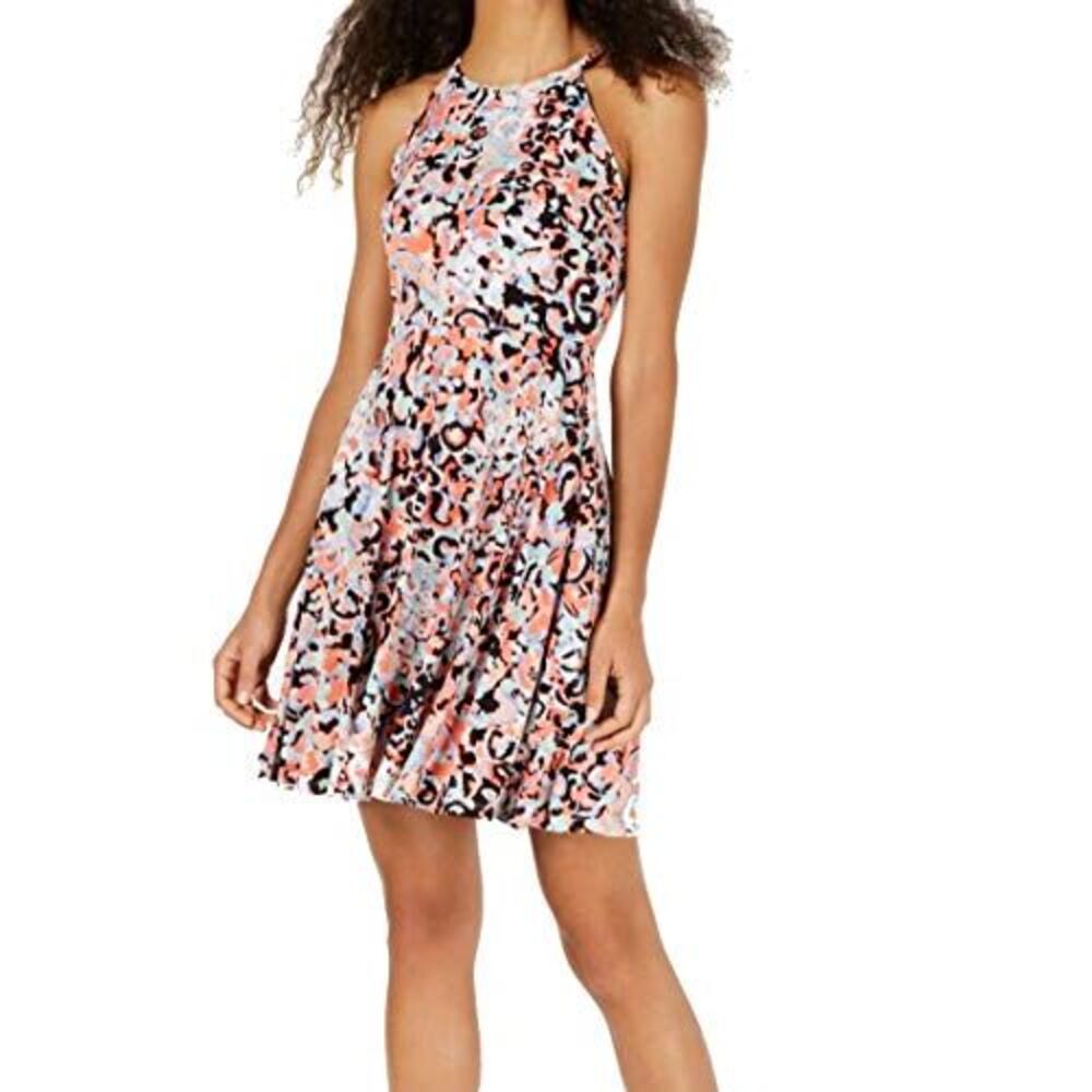 Bar III Printed Halter Neck Fit Flare Dress